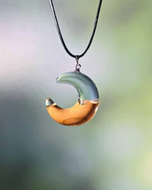 Hand-Carved Natural Peach Wood Moon & Star Resin Necklace