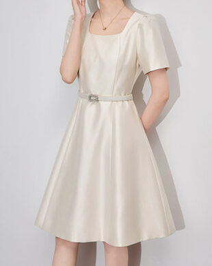 Apricot Square-Neck Belted A-Line Dress