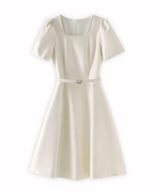 Apricot Square-Neck Belted A-Line Dress