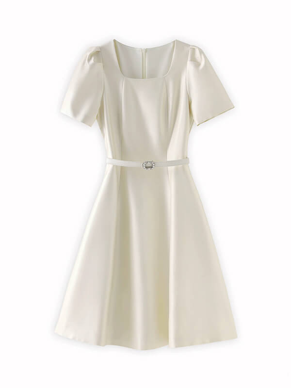 Apricot Square-Neck Belted A-Line Dress
