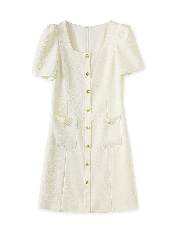 Apricot Square-Neck Waist-Defined Slimming Dress 1