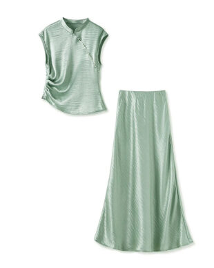 Beaded Asymmetric Wrap Top and Skirt Set