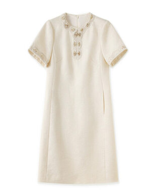 Beaded Lace Trimmed Linen-Blend A-Line Dress