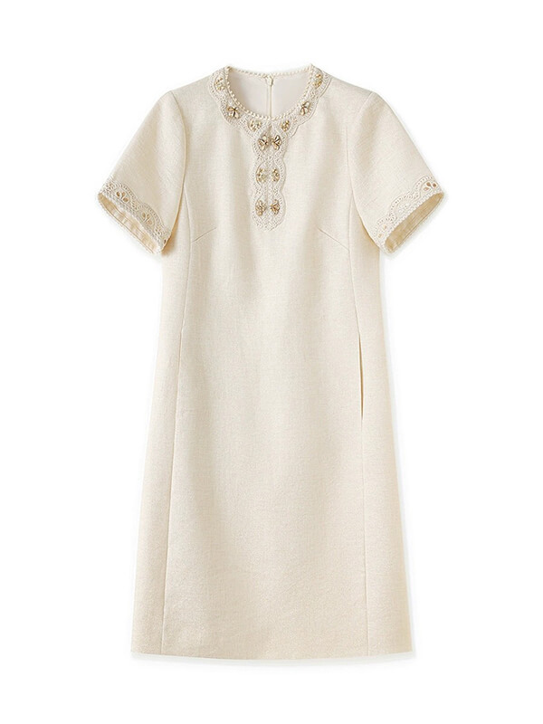 Beaded Lace Trimmed Linen-Blend A-Line Dress