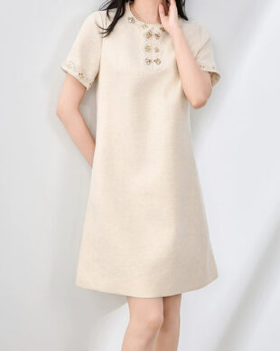 Beaded Lace Trimmed Linen-Blend A-Line Dress