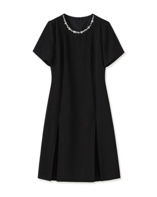 Beaded Waist-Cinching Pleated A-Line Dress