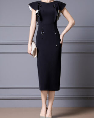 Black Flounce-Sleeve Fitted Party Dress
