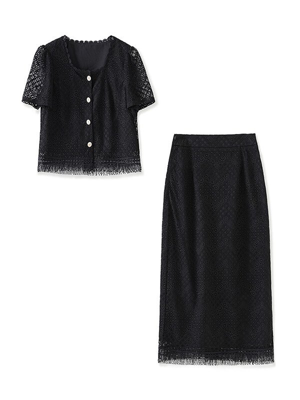 Black Lace Fringe Top & Skirt Set 1