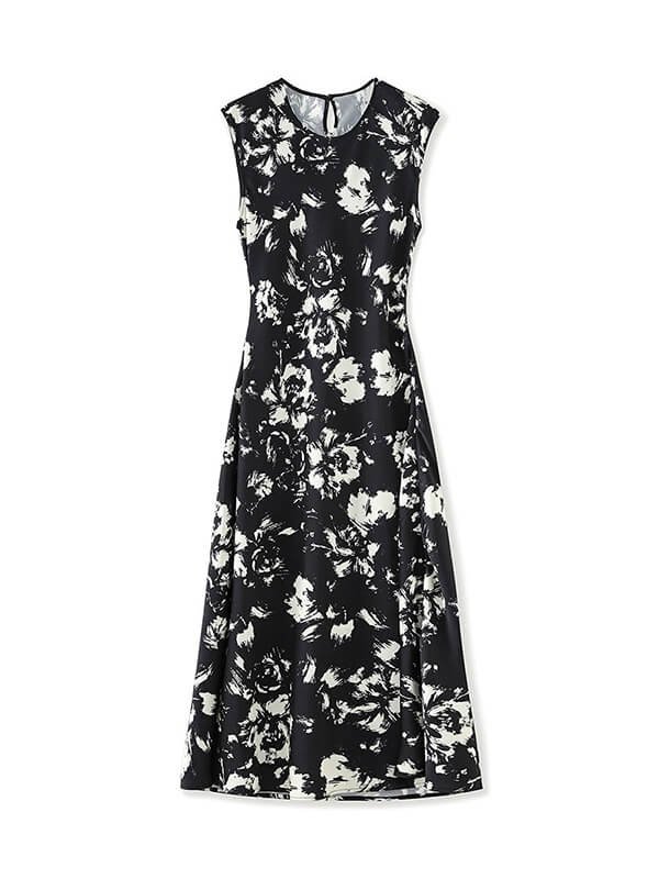 Modern minimalist black printed satin dress for work events, gallery openings, or dinner dates