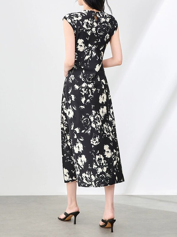 Black floral print satin evening gown with elegant drape for cocktail parties or date nights