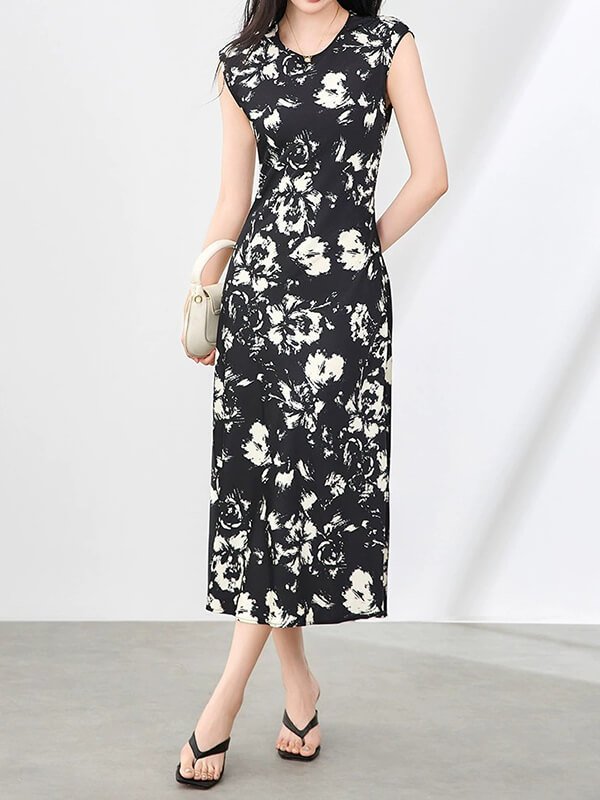 Elegant black printed satin mother of the bride dress with subtle pattern for weddings or formal events