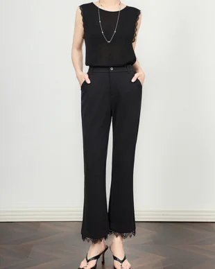 Black Slight Flare Dress Pants with Lace Trim