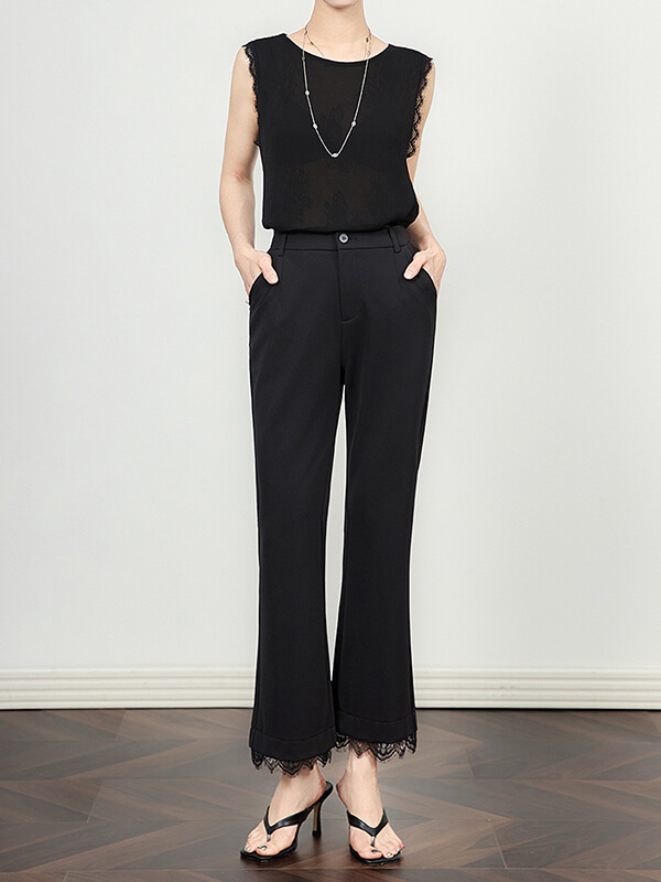 Black Slight Flare Dress Pants with Lace Trim