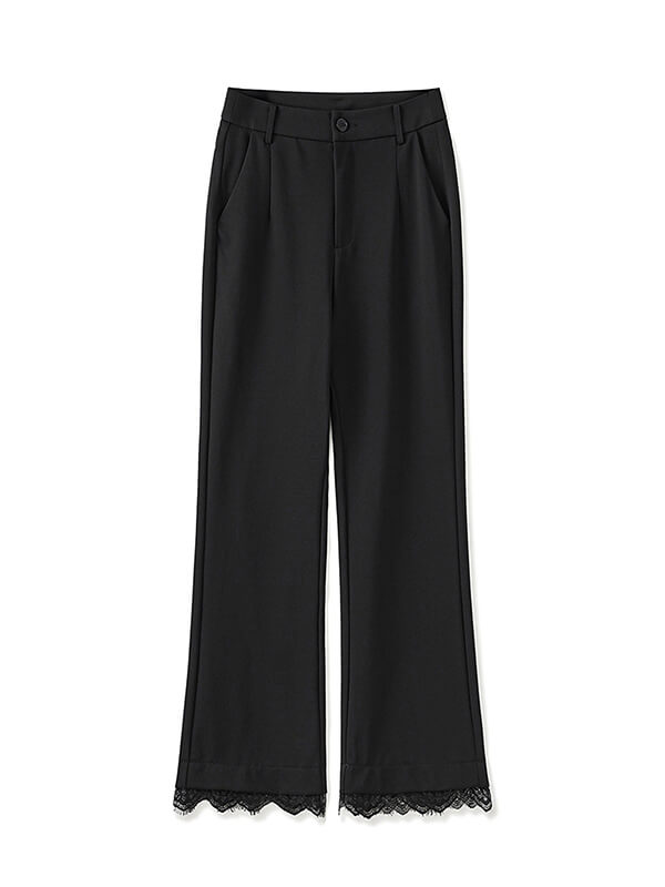 Black Slight Flare Dress Pants with Lace Trim