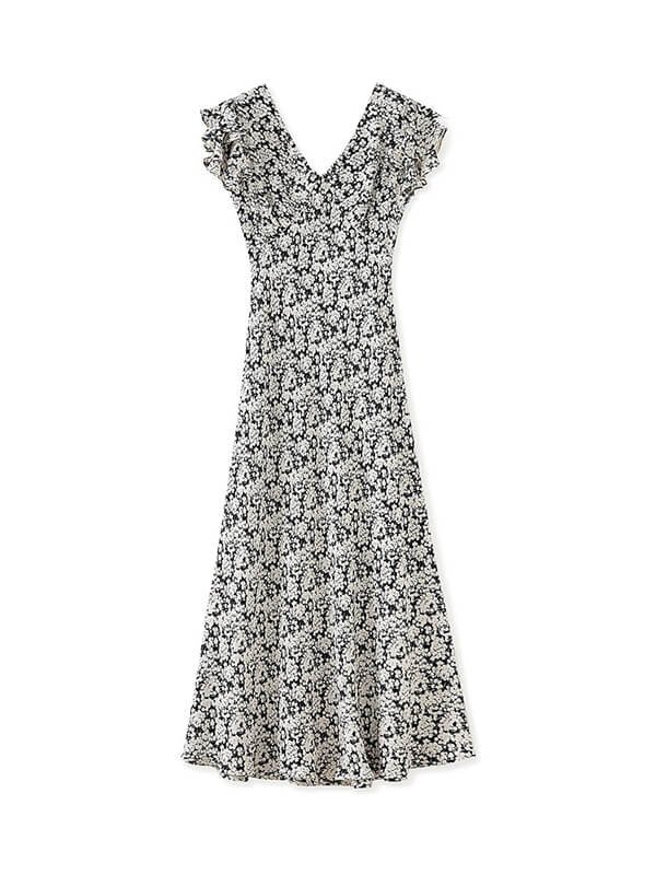 Black & White Ditsy Floral Flutter Sleeve Dress 1