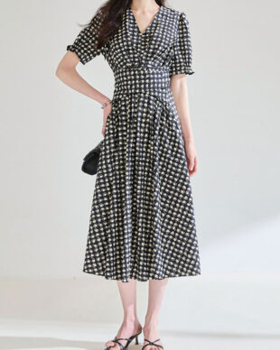 Black and White Gingham Lace-Up Dress