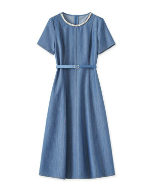 Blue Beaded Waist-Cinching Denim Dress