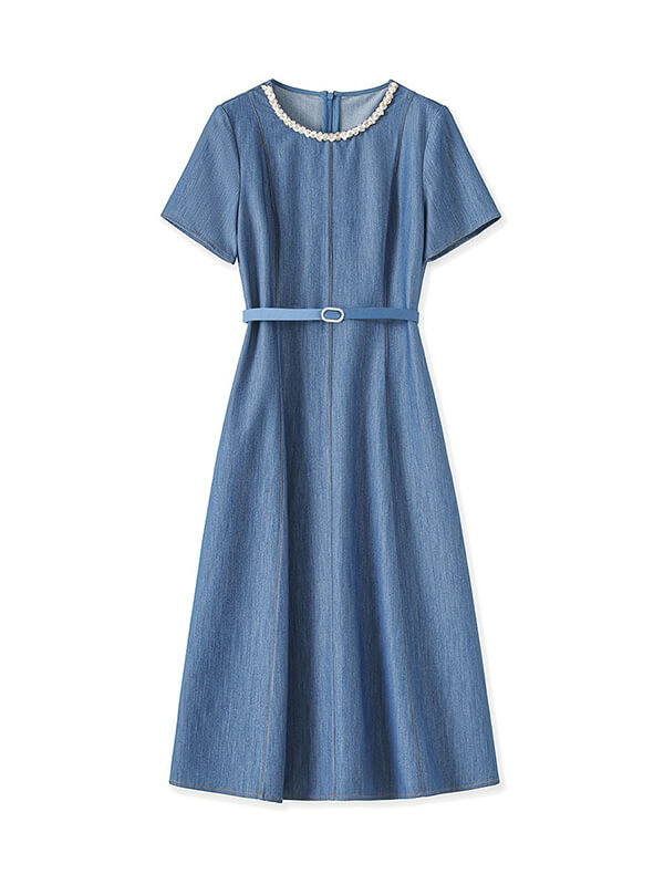 Blue Beaded Waist-Cinching Denim Dress