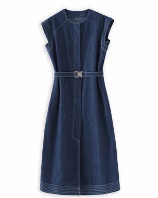 Blue Crew-Neck Sleeveless Denim Dress