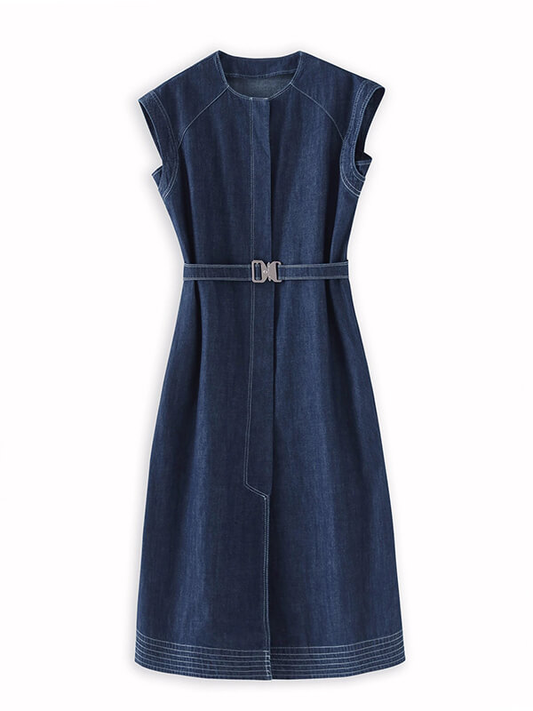 Blue Crew-Neck Sleeveless Denim Dress