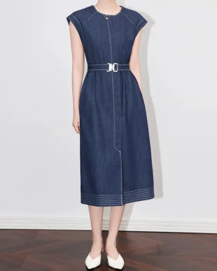 Blue Crew-Neck Sleeveless Denim Dress