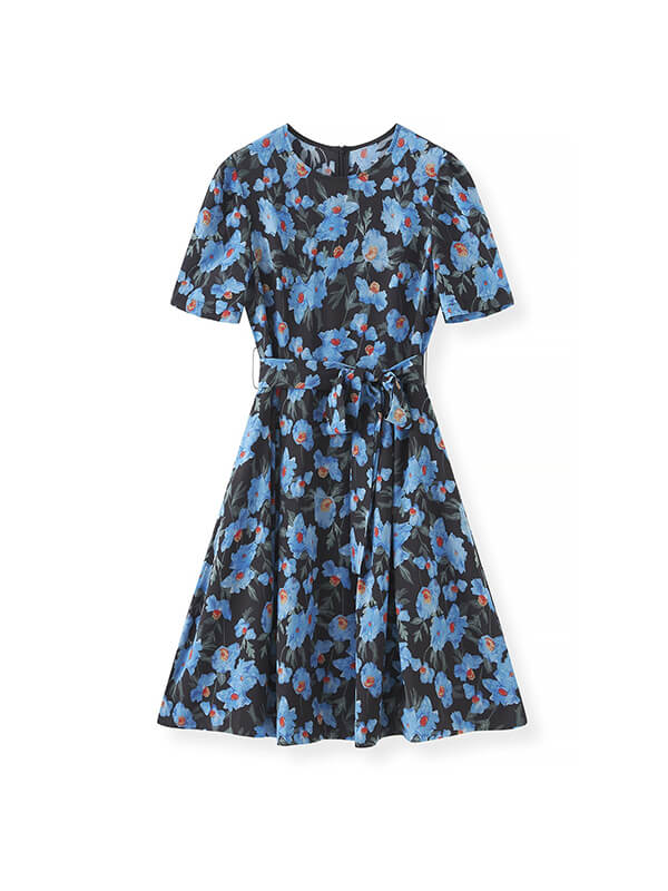 Blue Floral High-Waisted Dress