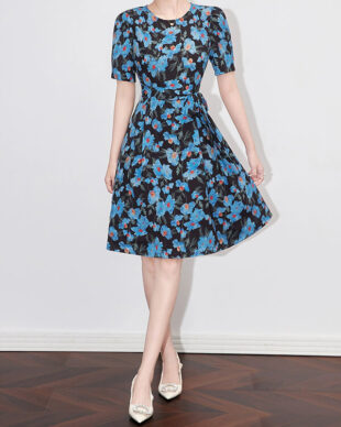 Blue Floral High-Waisted Dress