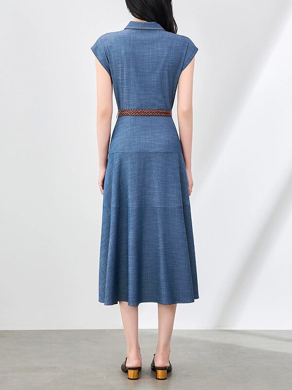 Temperature Regulating Denim Office Dress Women - Wrinkle-Free Sleeveless Workwear in Navy Blue