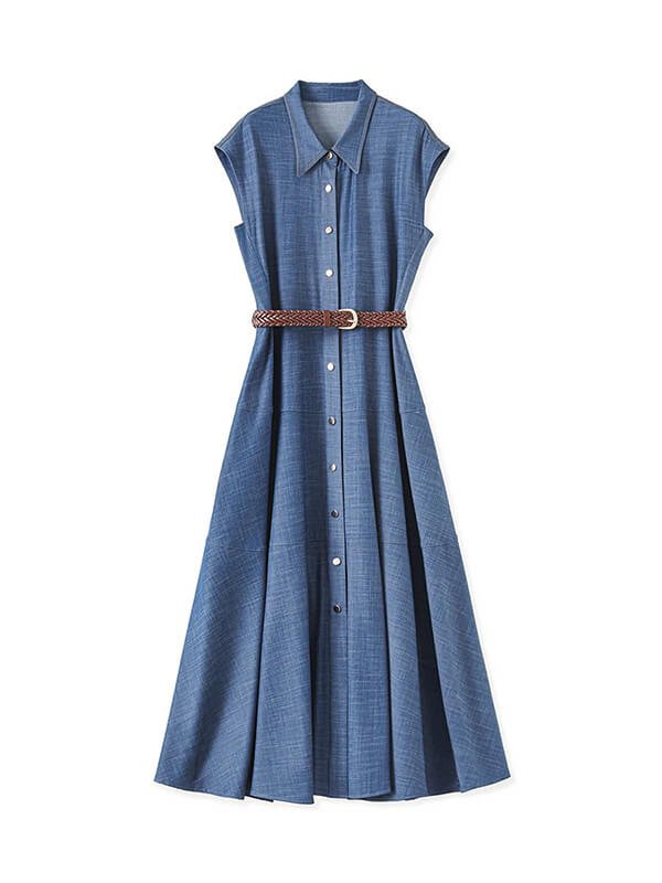 GOTS Certified Denim Pencil Dress Women - Eco Navy Blue Sleeveless Office to Evening