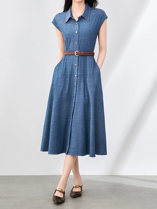 Movement-Optimized Office Denim Dress Women - Stretch Sleeveless Navy Workwear