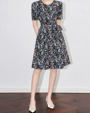 Blue Slim-Fit Floral Dress