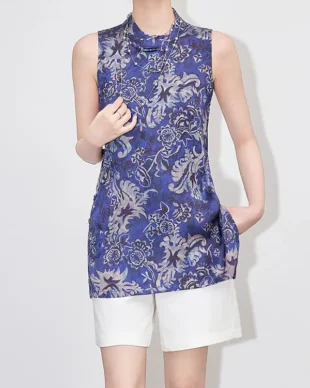 Blue & White Porcelain Print Sleeveless Vest