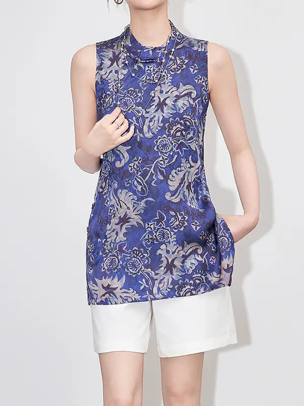Blue & White Porcelain Print Sleeveless Vest