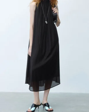 Braided Bud Collar A-line Tencel Dress