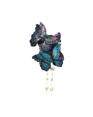 Dendritic-ridge butterfly hair claw - matte silver with zircon tassels for anxiety relief