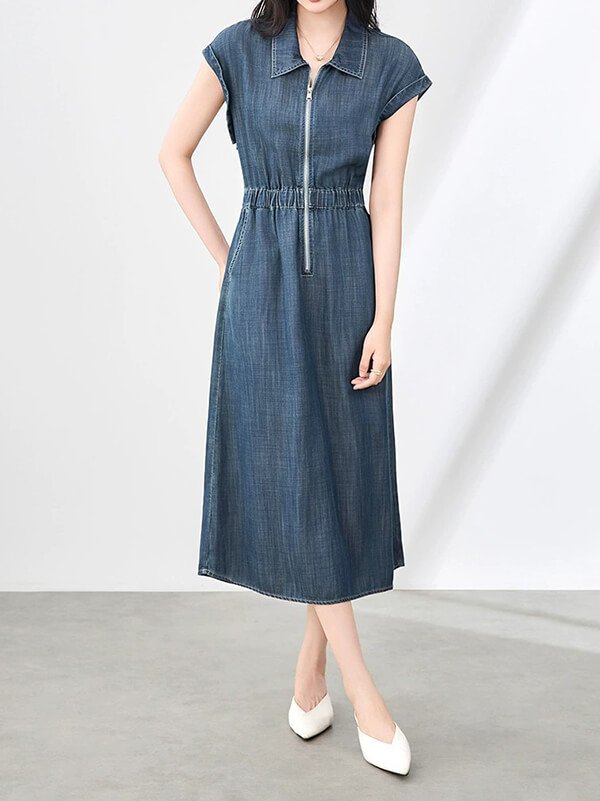 4-Season Denim Shirt Dress Women - Thermoregulating Button Down Collar Convertible