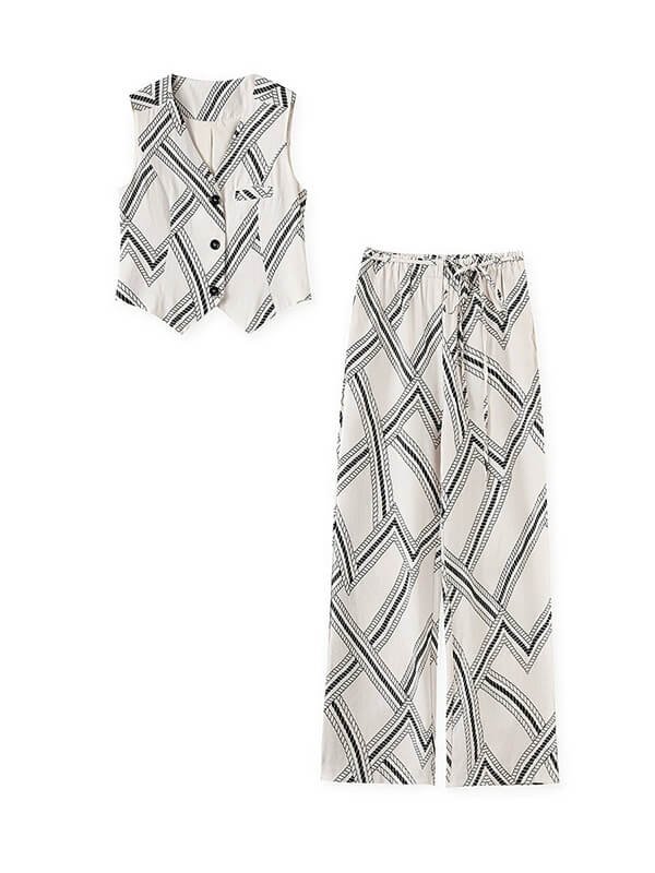 Wrinkle-Free Linen Travel Set Women - Chain Print Vest Wide Leg Pants Convertible Outfit