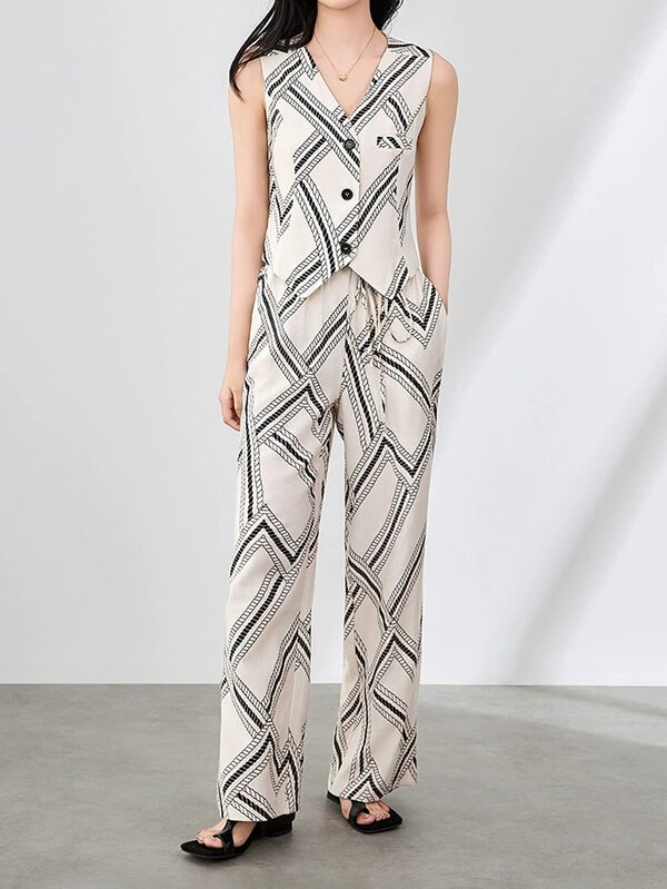 Hand-Blocked Chain Print Linen Set - Women's Detachable Vest Wide Leg Pants Coord