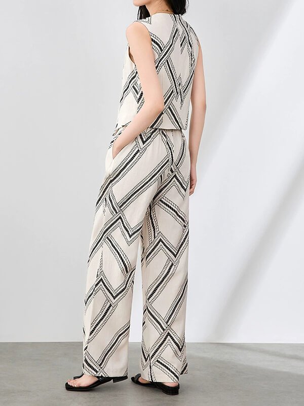 GOTS Linen Wedding Guest Set - Chain Print Vest Wide Pants Women's Ethical Outfit