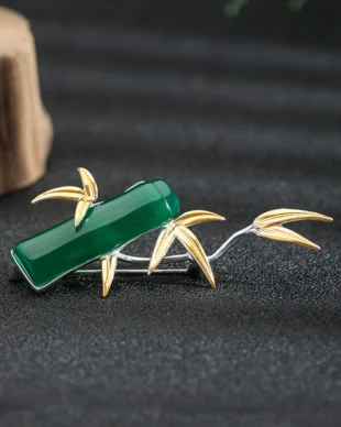 Chrysoprase Bamboo Joint Silver Brooch