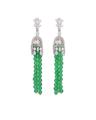 Hand-woven sterling silver tassel earrings with raw chrysoprase gemstones, artisanal hammered texture and oxidized detailing for organic minimalist style.