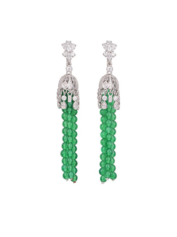 Hand-woven sterling silver tassel earrings with raw chrysoprase gemstones, artisanal hammered texture and oxidized detailing for organic minimalist style.