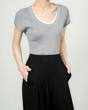 Color-Block Collar Mock-Two-Piece Knit Tee