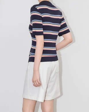 Color-Block Striped Polo Knit Top