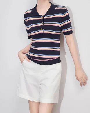 Color-Block Striped Polo Knit Top