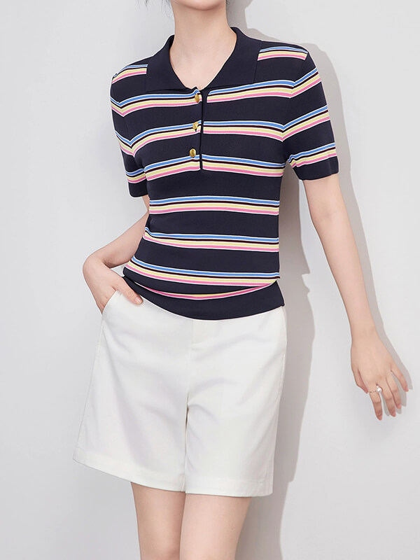 Color-Block Striped Polo Knit Top