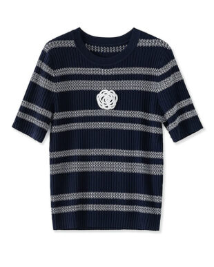 Cool-Touch Striped Knit Top with Beaded Accents