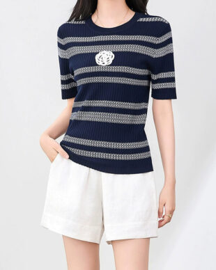 Cool-Touch Striped Knit Top with Beaded Accents