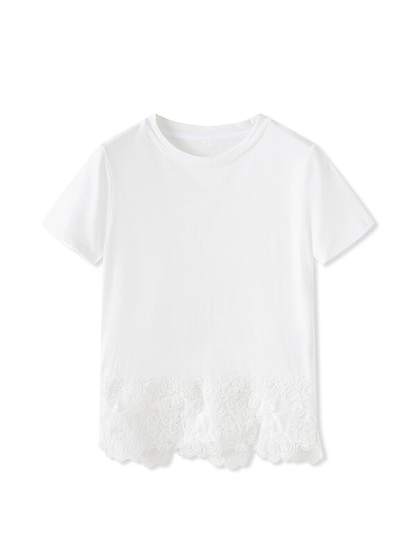 Cotton T-Shirt with Irregular Lace Hem