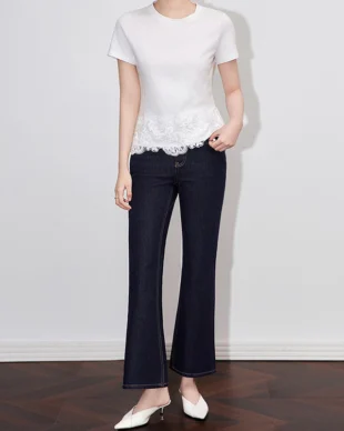 Cotton T-Shirt with Irregular Lace Hem